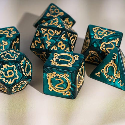 7 Die DND Dice Set Dragon Pattern Polyhedral Die with Leather Bag (7 Count)