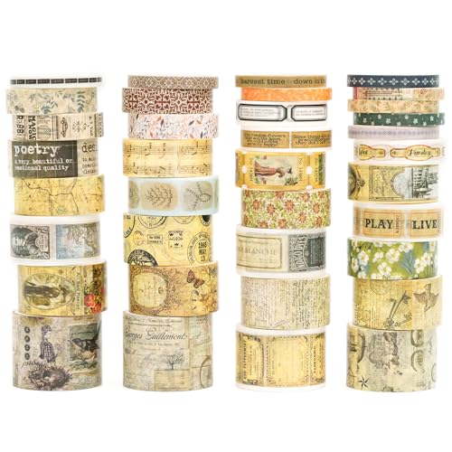 36 Rolls Vintage Washi Tape Pack Retro Arts Adhesive Tapes Wide Chronicle Decorative Masking Tape Sets for Craft (36 Count)