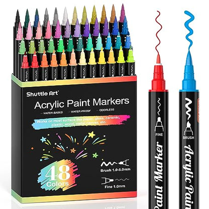 48 Colors Brush & Fine Tip Acrylic Paint Markers (48 Count)