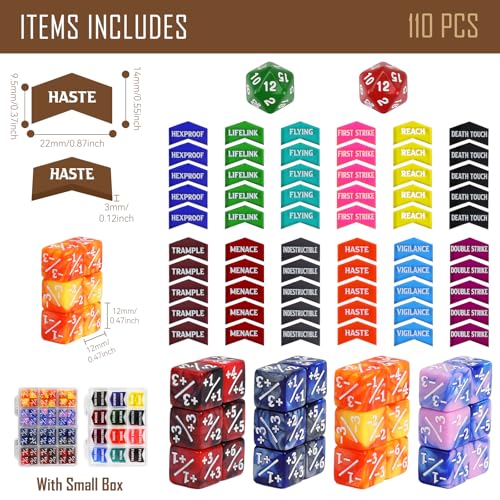 110PCS MTG Keywords Tokens & 12mm Dice Counter for Magic The Gatering (110 Count)