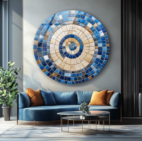 10''(25cm) Diameter Coastal Sunburst Beige & Blue Round Glass Wall Art Tempered Glass Printing Wall Decor Large Wall Art Wall Hangings