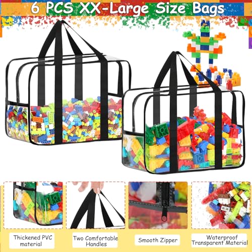 6 Pcs XXL Toy Storage Bags with Labels Reusable Clear Toy Organizer (6 Count)