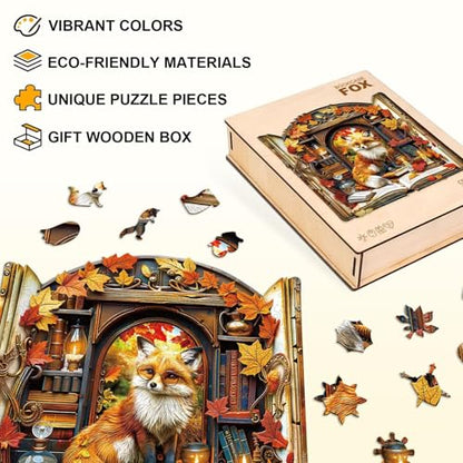 Bookcase Fox Puzzles Adults Gifts for Women Men Wooden 280 Pieces 12.6 * 12.2in