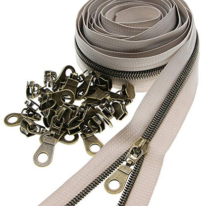 5 Beige Zipper Tape Antique Brass Teeth Metallic Nylon Coil Zipper by The Yard Bulk 10 Yards with 25pcs Brass Sliders Long Zippers for DIY Sewing Tailor Craft Bag
