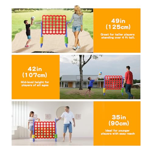 Jumbo 4-in-a-Row Game Set, Height Adjustable Indoor Outdoor Yard Game with Basketball Hoop, Ring Toss & Carrying Bag, Family Party Lawn Game for Kids and Adults