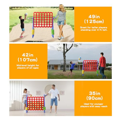 Jumbo 4-in-a-Row Game Set, Height Adjustable Indoor Outdoor Yard Game with Basketball Hoop, Ring Toss & Carrying Bag, Family Party Lawn Game for Kids and Adults