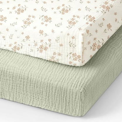 Organic Pack and Play Sheets Fitted 38”x26” 100% Muslin Cotton (2 Count)