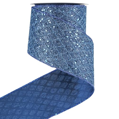 Navy Blue Glitter Wired Christmas Ribbon 4 inch x 10 Yards (30 Foot)