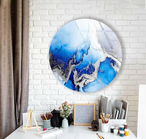 39,4''(100cm) Diameter Blue Marble Round with Silver Details Glass Wall Art Tempered Glass Printing Wall Decor Large Wall Art Wall Hangings