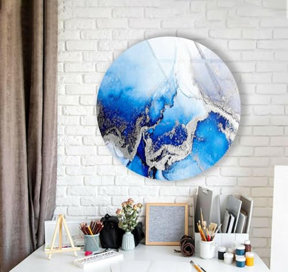 10''(25cm) Diameter Blue Marble Round with Silver Details Glass Wall Art Tempered Glass Printing Wall Decor Large Wall Art Wall Hangings