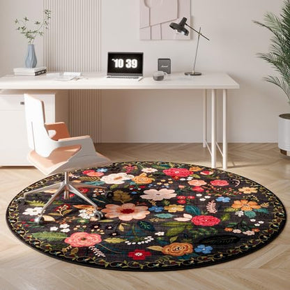 Round Rug 4ft Washable Circle Rug Non Slip Low Pile Boho Floral Small Circular Rug for Bedroom