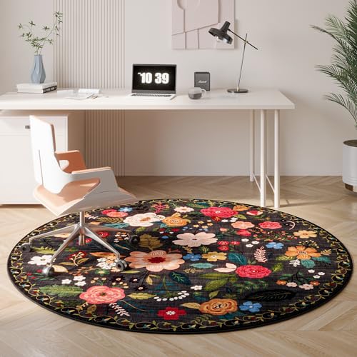 Round Rug 6ft Washable Circle Rug Non Slip Low Pile Boho Floral Small Circular Rug for Bedroom