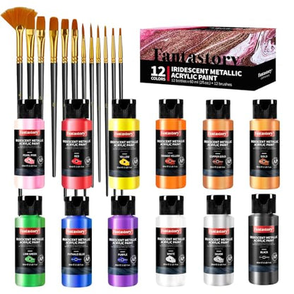 60ml 12 Colors Metallic Acrylic Paint Set with 12 Brushes (24 Fl Oz)