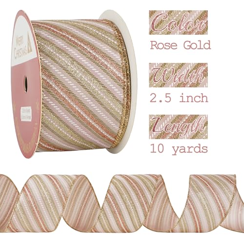 Pink Diagonal Striped Ribbon 2.5 Inch Blue Satin with Rose Gold and Champagne Glitter Wired Ribbon for Christmas Tree (30 Foot)