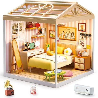 Cozy Bedroom DIY Miniature House Kit with Roof & LED Light