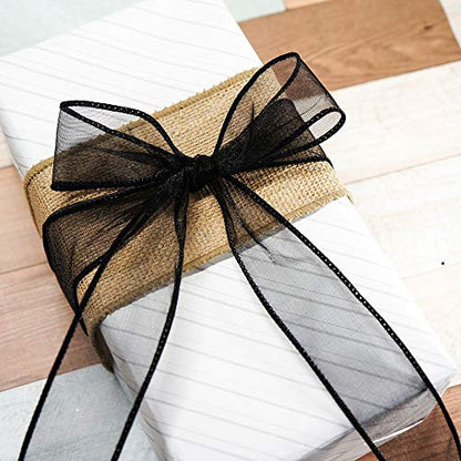 Sheer Organza Wired Ribbon 1.5" x 25 Yards x 2 Rolls Black for Wedding Chair Bow Flora Bouquet Gift Wrapping Christmas Tree Home Decor Wreath (150 Foot)