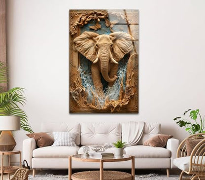 Round 24'' Elephant Carving Glass Wall Art Tempered Glass Printing Wall Decor Large Wall Art Wall Hangings