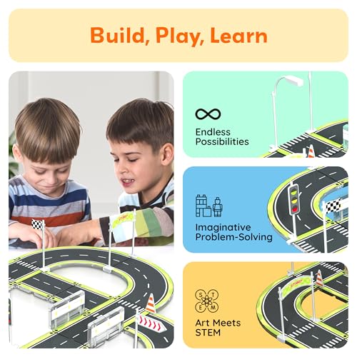 Magnet Tile Building Block Construction Toy Set Street Sign Traffic Kit Highway Road Race Track with Bumper Barricade Accessory Sticker Education Magnetic Tiles Kids Age 3+ PTR03
