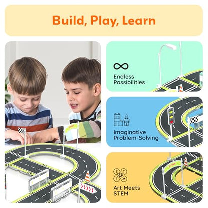 Magnet Tile Building Block Construction Toy Set Street Sign Traffic Kit Highway Road Race Track with Bumper Barricade Accessory Sticker Education Magnetic Tiles Kids Age 3+ PTR03