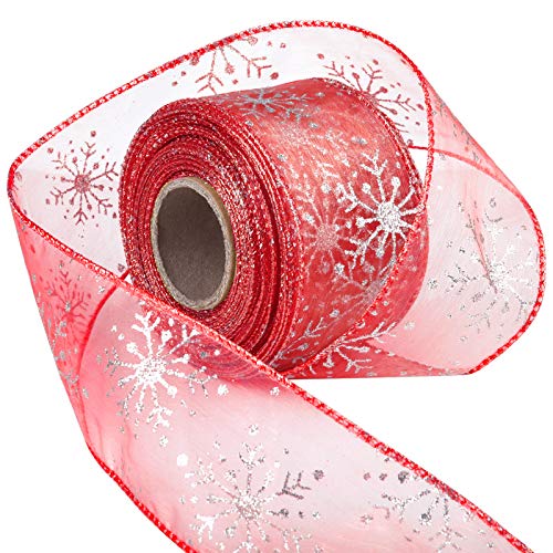 2.5 Inch Wide Christmas Wired Ribbon Snowflake Organza Sheer Glitter Ribbon for Xmas Tree (65.7 Foot)