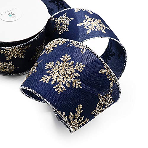 Navy Satin Gold Snowflake Wired Ribbon 2.5 Inch x 10 Yards for Christmas Home Decor Tree Topper Bow Gift Wrapping DIY Crafts Wreath Garland (30 Foot)