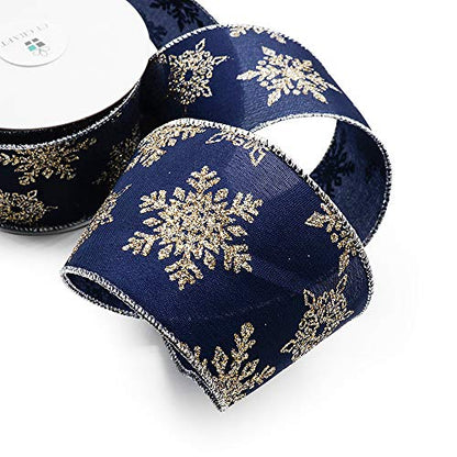 Navy Satin Gold Snowflake Wired Ribbon 2.5 Inch x 10 Yards for Christmas Home Decor Tree Topper Bow Gift Wrapping DIY Crafts Wreath Garland (30 Foot)