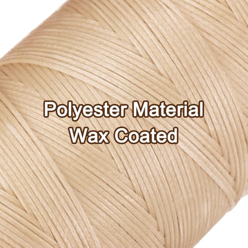 150D 0.8mm Flat Waxed Thread 284 Yards Polyester Leather Sewing Waxed String Hand Stitching Waxed Cord for Leather Stitching Sewing Bookbinding DIY Craft Light Beige
