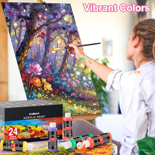 24 Colors Acrylic Paint Set Large Bottles 4oz with 12 Brushes (96 Fl Oz)