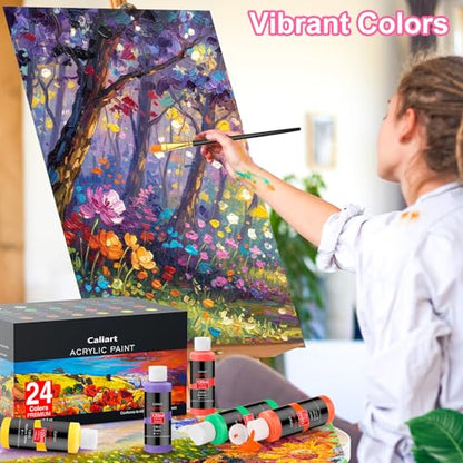 24 Colors Acrylic Paint Set Large Bottles 4oz with 12 Brushes (96 Fl Oz)