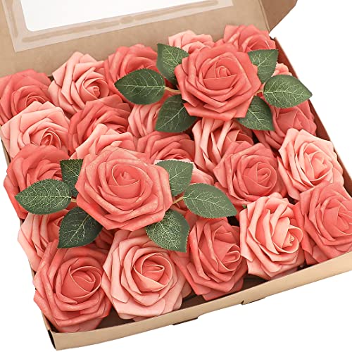 Artificial Flowers 25pcs Real Looking Mixed Living Coral Foam Fake Roses with Stems for DIY Wedding Bouquets Bridal Shower Centerpieces Floral Arrangements Party Tables Home Decorations (25 Count)