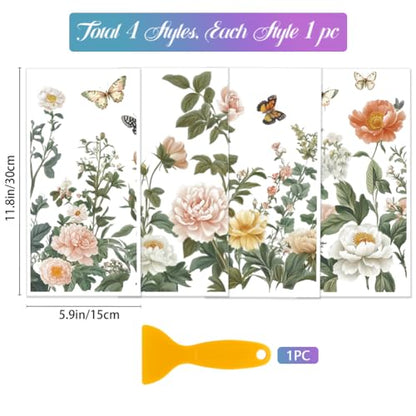 4 Sheets Light Vintage Florals Furniture Transfer 11.8x5.9inch Butterflies Peonies Rub on Transfer Wildflowers UV Self (4 Count)