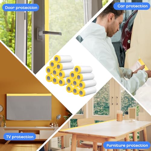 18 Roll Painters Plastic with Tape Pre Taped Masking Film for Painting Automotive Paint Adhesive Protective Film Masking Tape Roll Plastic Painting Covering (18 Count)