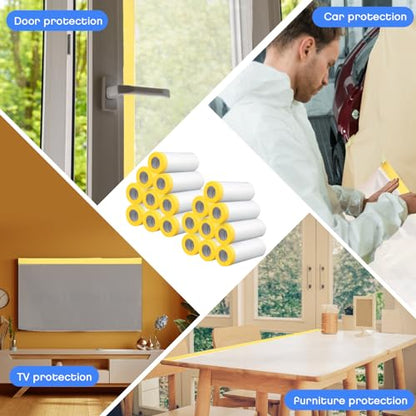 18 Roll Painters Plastic with Tape Pre Taped Masking Film for Painting Automotive Paint Adhesive Protective Film Masking Tape Roll Plastic Painting Covering (18 Count)