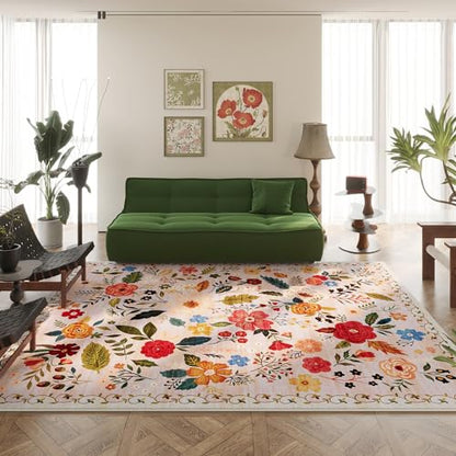 Living Room Rug 6x9 Rug Machine Washable Boho Area Rug Non Slip Floral Vintage Low Pile Large Rug for Living Room