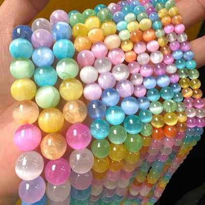 32PCS 12MM Natural Stone Colorful Selenite Gypsum Beads Round Loose Beads for Jewelry Making DIY Bracelet Necklace Accessories 15" Energy Healing Power Stone Beads