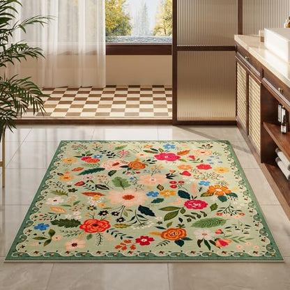 Bedroom Rug 3x5 Rug Washable Area Rug Non Slip Low Pile Boho Floral Small Carpet for Bedroom
