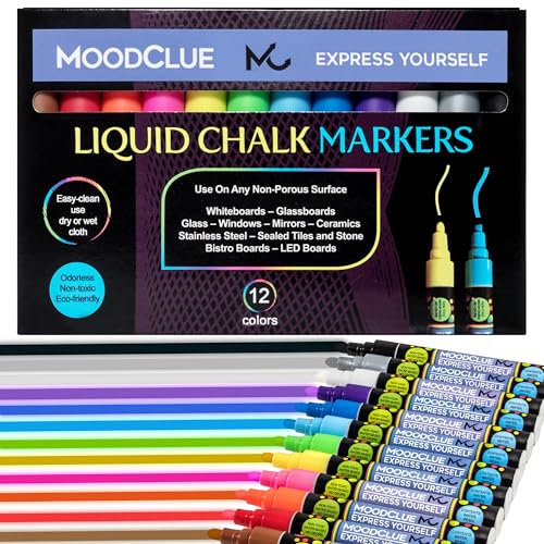 Liquid Chalk Markers Neon 12 Pack. Bold Wet & Dry Erase Marker Pens. Erasable and Washable Chalkboard Markers for Windows (12 Count)