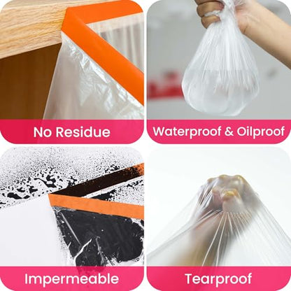 Pre Taped Masking Film Plastic Drop Cloths 102" x 56Feet (3 Count)