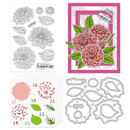 Dahlia Flower Stamps & Dies & Layering Coloring Stencil Set (3 Count)