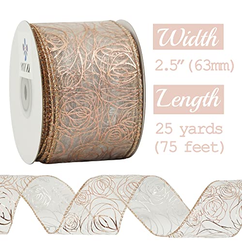 Floral 2.5 Inch Rose Gold Rose Wired Ribbon Wedding Bouquet Ribbons Rose Gold Organza Sheer Ribbons 25 Yards Roll Pink Wedding Ribbon for Crafts (75 Foot)