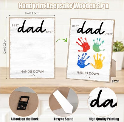Hands Down Best Dad Ever Handprint Art Wooden Sign with Stand and Hook