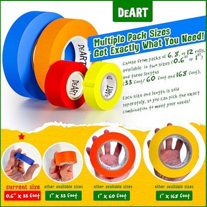 Colored Masking Tape Painters Tape 12 or 8 Pack 1 inch or 0.6 Inches Kids Arts Craft Supplies Coding Whiteboard Dry Erase Board Tape Thin Paper Tape Paint Tape No Residue Easy Removal DIY Crafts Arts (6 Count)