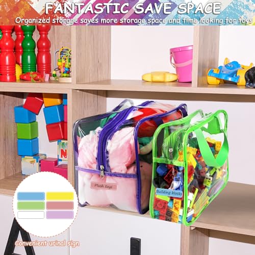 6 Colors L & XL Toy Storage Bags with Labels Reusable Clear Toy Organizer (6 Count)