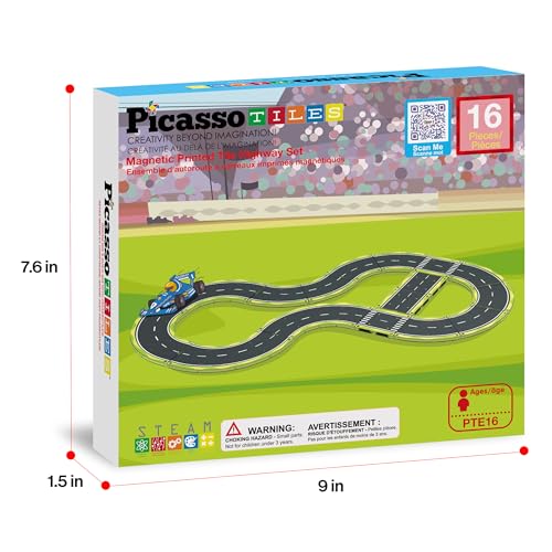 Magnetic Building Tiles Car Track Magnet Vehicle Adventure Theme Printed Street Road Runway Speedway Highway Block Construction Expansion Add (16 Count)