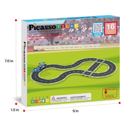 Magnetic Building Tiles Car Track Magnet Vehicle Adventure Theme Printed Street Road Runway Speedway Highway Block Construction Expansion Add (16 Count)