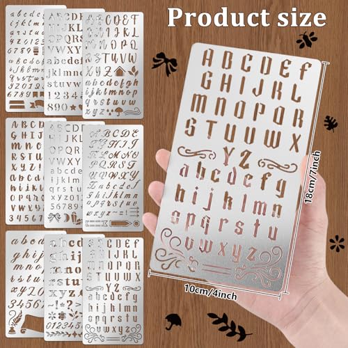 9PCS Metal Stencils Wood Burning Tool Stencil Metal Letter Stencils for Journaling Engraving Stencil for Engraving Pen Wood Carving Drawing Scrapbooking Journal Craft DIY (9 Count)