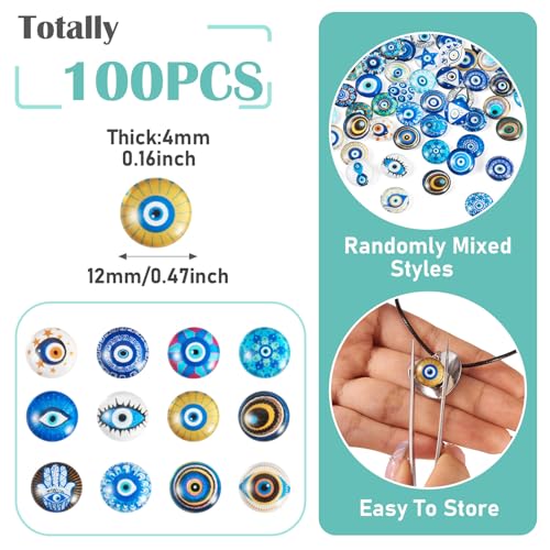 100Pcs 12mm Transparent Evil Eye Glass Cabochons Mixed Blue Eyes Cameo Dome Tiles Flat Back Glass Covered Dome Tiles for DIY Bracelets Necklace Scrapbooking Art Crafts (100 Count)