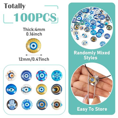 100Pcs 12mm Transparent Evil Eye Glass Cabochons Mixed Blue Eyes Cameo Dome Tiles Flat Back Glass Covered Dome Tiles for DIY Bracelets Necklace Scrapbooking Art Crafts (100 Count)