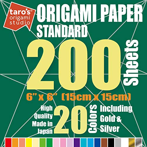 Taro's Origami Studio] Standard 6 Inch One Sided 20 Colors 200 Sheets Square Easy Fold Premium Japanese Paper for Beginner (200 Count)