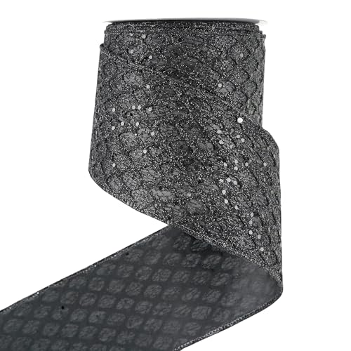 Black Glitter Diamond Wired Christmas Ribbon 4 inch x 10 Yards (30 Foot)